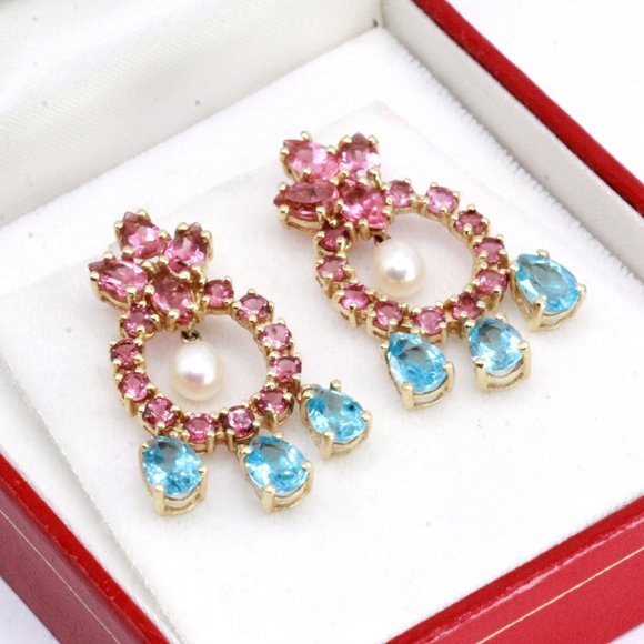 14K Gold Synthetic Tourmaline Topaz Pearl Chandelier Earrings - Picture 8 of 10